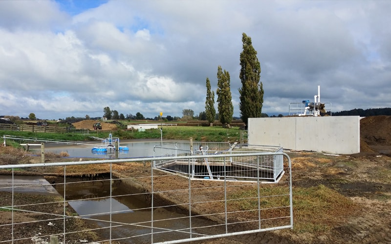 Sysetm Overview showing Stone Trap (foreground), Sump wit tranfer Pump , Separation and Solids Bunker (right) to Green Water Storage Pond