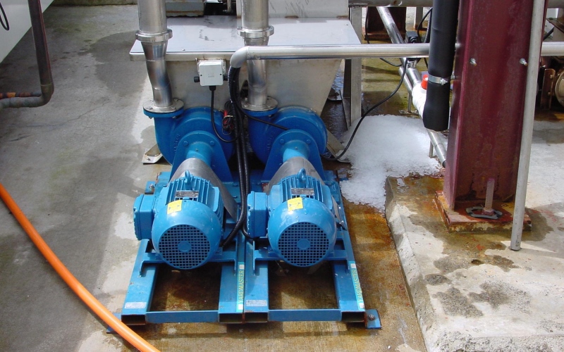 Two Yardmaster horizontal mount pumps in chicken processing facility