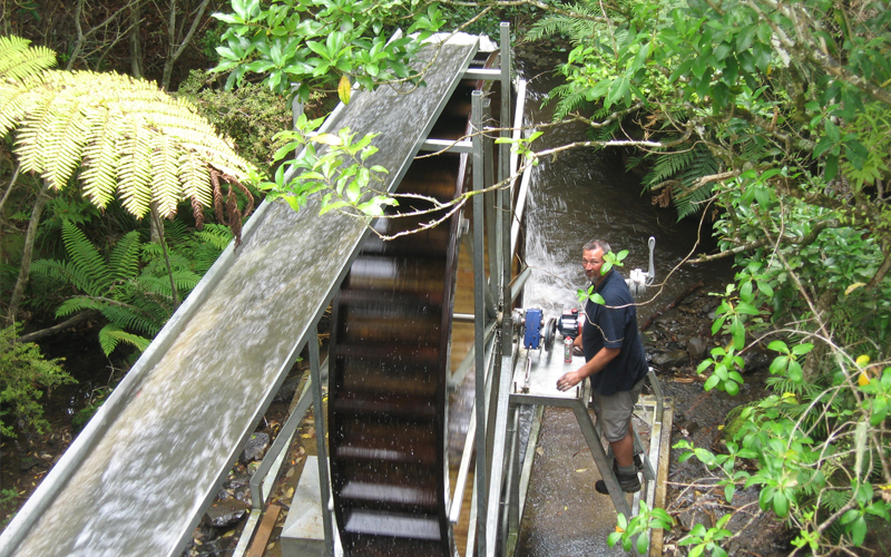 Large custom built water wheel designed as a visual feature with our customer supplying kauri for the construction while still maintaining functionality